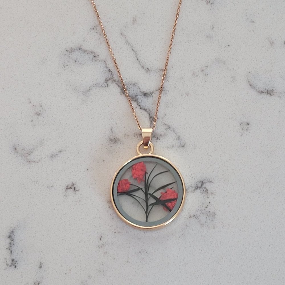 Floral Resin Pendant Necklace - Rose Gold Red/Green